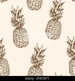 Hand drawn vector seamless pattern with pineapple. Vintage tropical background. Stock Vector