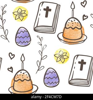 Hand drawn doodle Easter seamless pattern with eggs, cake and Bible on a white background. Vector illustration. Stock Vector