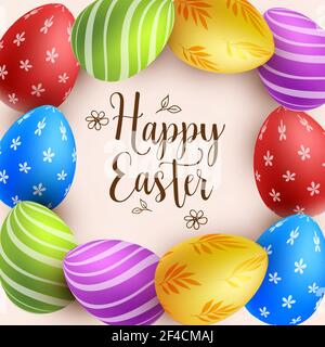 Decorative background with multicolored Easter eggs. Vector illustration. Happy Easter lettering Stock Vector