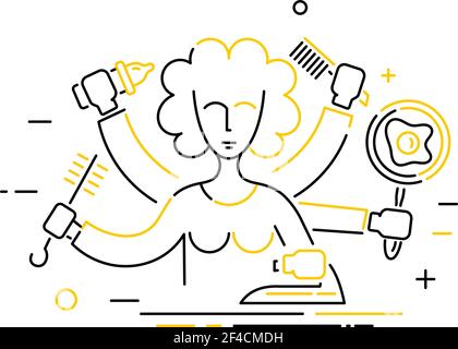 Linear icon of an abstract woman with lots of hands. The concept of homework. Vector illustration Stock Vector