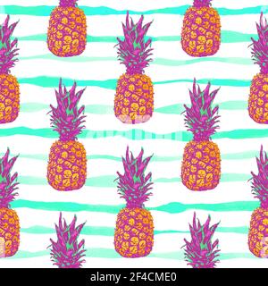 Tropical vector seamless pattern with pineapple on striped background. Stock Vector