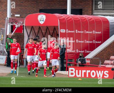 Oakwell Stadium, Barnsley, Yorkshire, UK. 20th Mar, 2021. English Football League Championship Football, Barnsley FC versus Sheffield Wednesday; Barnsley team is out of the tunnel Credit: Action Plus Sports/Alamy Live News Stock Photo