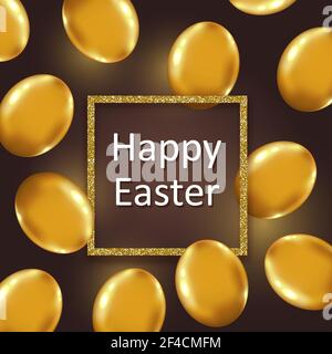 Decorative golden Easter eggs and golden glittering frame. Festive background. Vector illustration. Holiday greeting card. Stock Vector