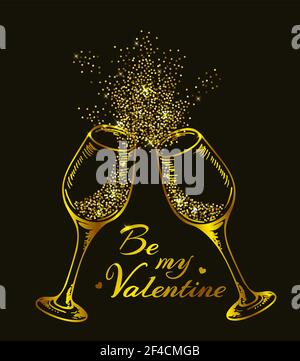 Valentine greeting card with two golden glittering glasses of champagne on a black background. Vector illustration Stock Vector