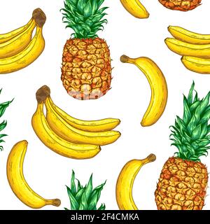 Hand drawn tropical vector seamless pattern with pineapple and bananas on a white background. Stock Vector