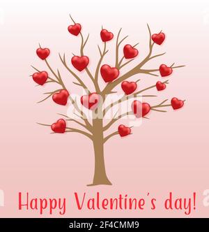 Tree and red hearts on a pink background. Greeting card for Saint Valentine&rsquo;s day. Vector illustration. Stock Vector