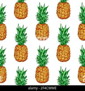 Hand drawn tropical vector seamless pattern with pineapple on a white background. Stock Vector