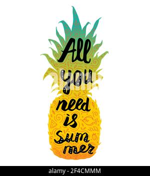 Hand drawn sweet ripe vector pineapple and lettering on a white background. Tropical and summer banner. Stock Vector