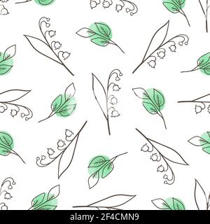 Hand drawn doodle spring floral seamless pattern with leaves and lily of the valley on a white background. Decorative vector background Stock Vector