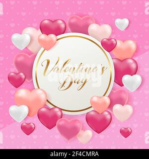 Saint Valentine&rsquo;s day greeting card with pink and white hearts. Holiday background with golden round frame and lettering. Vector illustration. Stock Vector