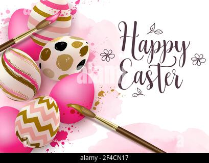 Hand painted pink Easter eggs and paintbrush on watercolor background. Vector illustration. Happy Easter lettering Stock Vector