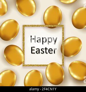 Decorative golden Easter eggs and golden glittering frame. Festive background. Vector illustration. Holiday greeting card. Stock Vector