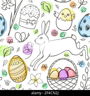 Hand drawn doodle Easter seamless pattern with eggs, rabbit and chicken on a white background. Vector illustration. Stock Vector