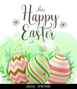 Easter greeting card with decorative eggs on a green watercolor background. Vector illustration. Happy Easter lettering Stock Vector