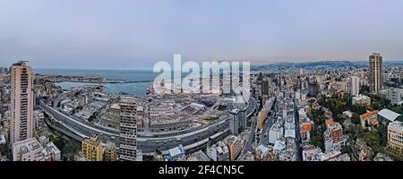 A panoramic aerial drone view of Port of Beirut explosion site. Stock Photo
