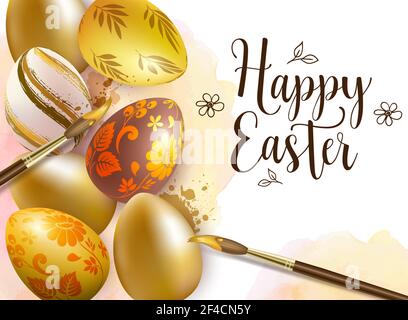 Hand painted golden Easter eggs and paintbrush on watercolor background. Vector illustration. Happy Easter lettering Stock Vector