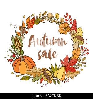 Hand drawn vector doodle autumn banner for seasonal sale. Autumn background with pumpkins, leaves and forest mushrooms. Stock Vector