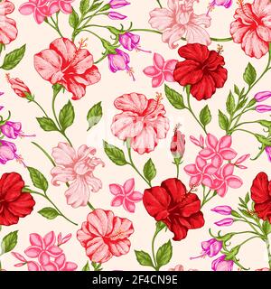 Tropical seamless pattern with red and pink flowers. Hand drawn vintage vector background. Stock Vector
