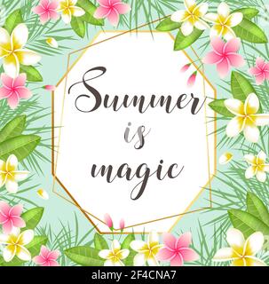 Tropical summer background with green palm leaves and pink flowers. Vector illustration. Summer is magic lettering Stock Vector