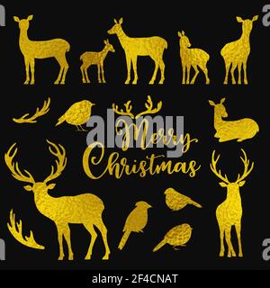 Set of vector golden deers and birds silhouettes on a black background. Winter Christmas design kit Stock Vector