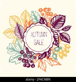 Autumn floral background with leaves and berries. Vintage vector hand drawn autumn banner for seasonal sale. Stock Vector