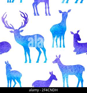 Blue vector watercolor winter seamless pattern with silhouettes of deer. Christmas decorative background. Stock Vector