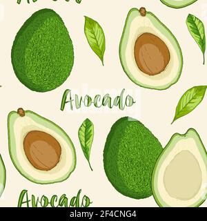 Hand drawn tropical seamless pattern with avocado fruit and green leaves. Vector background Stock Vector