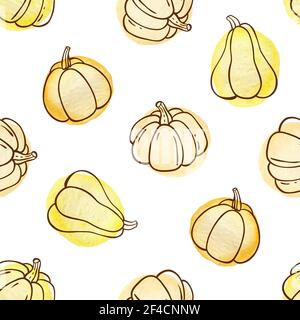 Autumn doodle seamless pattern with pumpkins on a white background. Hand drawn vector illustration with watercolor elements. Stock Vector