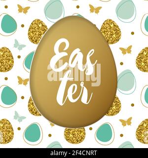 Decorative cut out of paper green Easter card with golden and green eggs on a white background. Vector illustration. Stock Vector