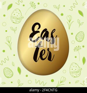 Decorative cut out of paper green Easter card with golden egg and lettering. Vector illustration. Stock Vector