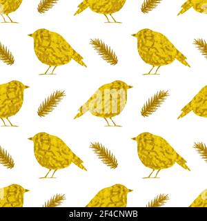 Festive seamless pattern with golden birds on a white background. Vector illustration. Stock Vector