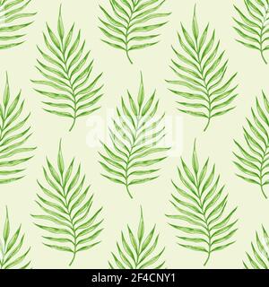 Tropical seamless pattern with green palm branch. Hand drawn vintage vector background. Stock Vector