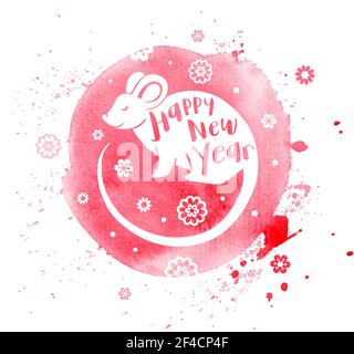Cute rat symbol of Chinese zodiac for 2020 new year. Silhouette of rat and lettering on a pink watercolor background. Vector illustration Stock Vector