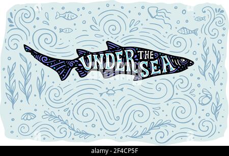 Black silhouette of shark on a blue marine background and lettering. Nature and sea life concept. Hand drawn vector illustration Stock Vector