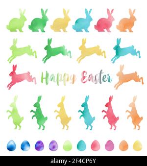 Set of vector watercolor Easter design elements. Easter rabbits and eggs on a white background. Stock Vector