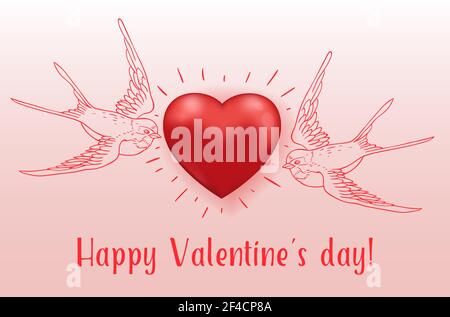 Couple of flying birds and red heart. Greeting card for Saint Valentine&rsquo;s day. Hand drawn vector illustration. Stock Vector
