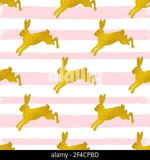 Golden Easter seamless pattern with rabbits on a pink striped background. Vector illustration. Stock Vector