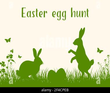 Easter green background with silhouettes of two rabbits, grass and eggs. Easter egg hunt. Vector illustration Stock Vector
