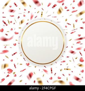 Festive vector banner with red and golden confetti on a white background. Valentine&rsquo;s day greeting card. Stock Vector