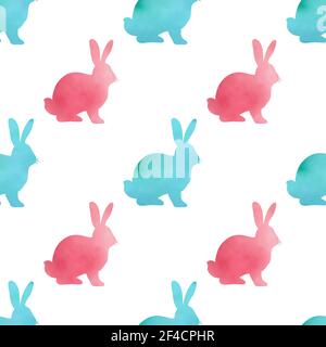 Watercolor Easter seamless pattern with green and pink rabbits on a white background. Vector illustration. Stock Vector
