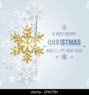 New year and Christmas greeting card with white and golden snowflakes on a blue background. Vector illustration. Stock Vector