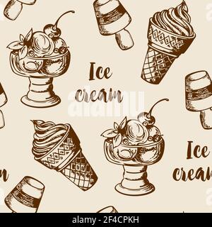 Vintage summer seamless pattern with different ice cream. Hand drawn vector background Stock Vector