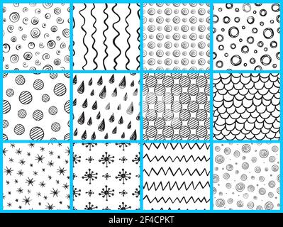 Set of abstract black and white doodle seamless patterns. Hand drawn vector backgrounds. Stock Vector