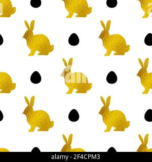 Easter seamless pattern with golden rabbits and eggs on a white background. Vector illustration. Stock Vector