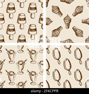 Vintage seamless patterns with different ice cream. Hand drawn vector backgrounds Stock Vector