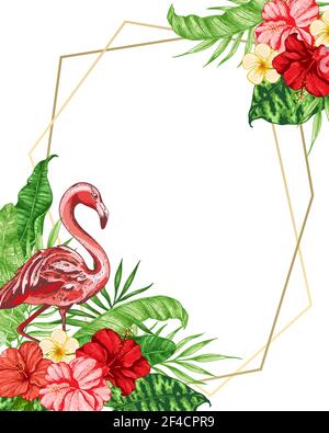vector illustration of a flamingo with tropical flowers and leaves ...