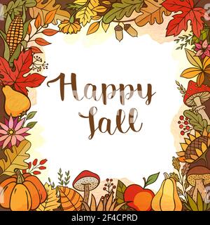 Hand drawn vector doodle autumn background with pumpkins, fruits, leaves and mushrooms. Seasonal floral frame Stock Vector