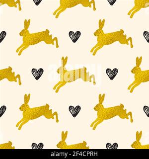 Golden Easter seamless pattern with rabbits and hearts. Vector illustration. Decorative festive background Stock Vector