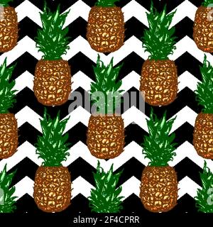 Chevron tropical seamless pattern with pineapple. Vector background Stock Vector