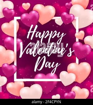 Festive background for Valentine&rsquo;s day with pink heart balloons, white frame and lettering. Vector illustration. Valentine greeting card design Stock Vector